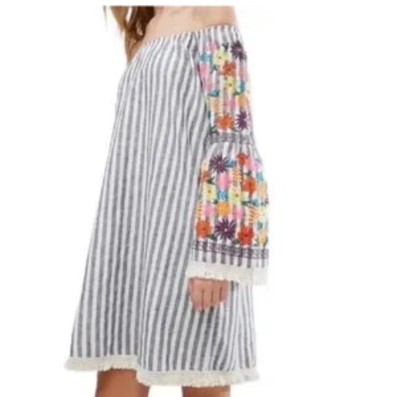 Philosophy Embroidered Linen Blend Boho Peasant Stripe Dress Size Large - Picture 1 of 8